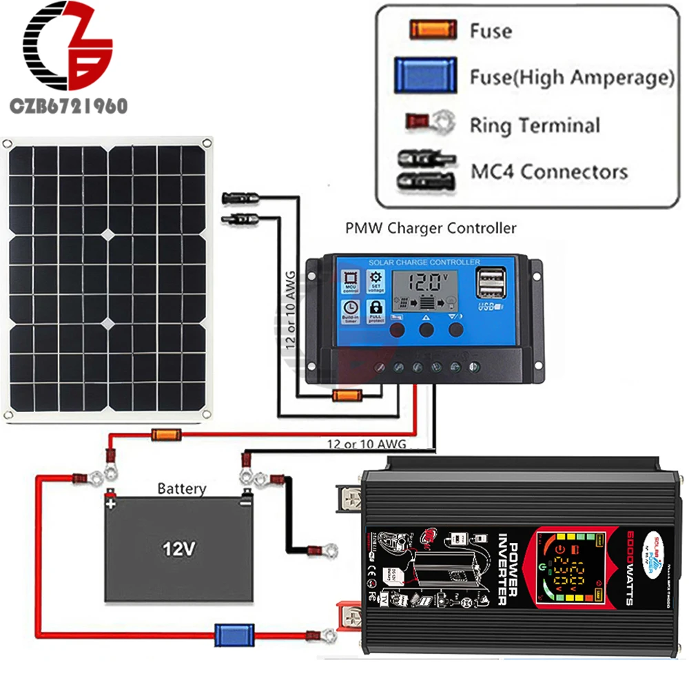 AC 220V Solar Sine Wave Inverter Generation System 6000W Inverter Dual USB Solar Panel 30A Controller Emergency Power Supply