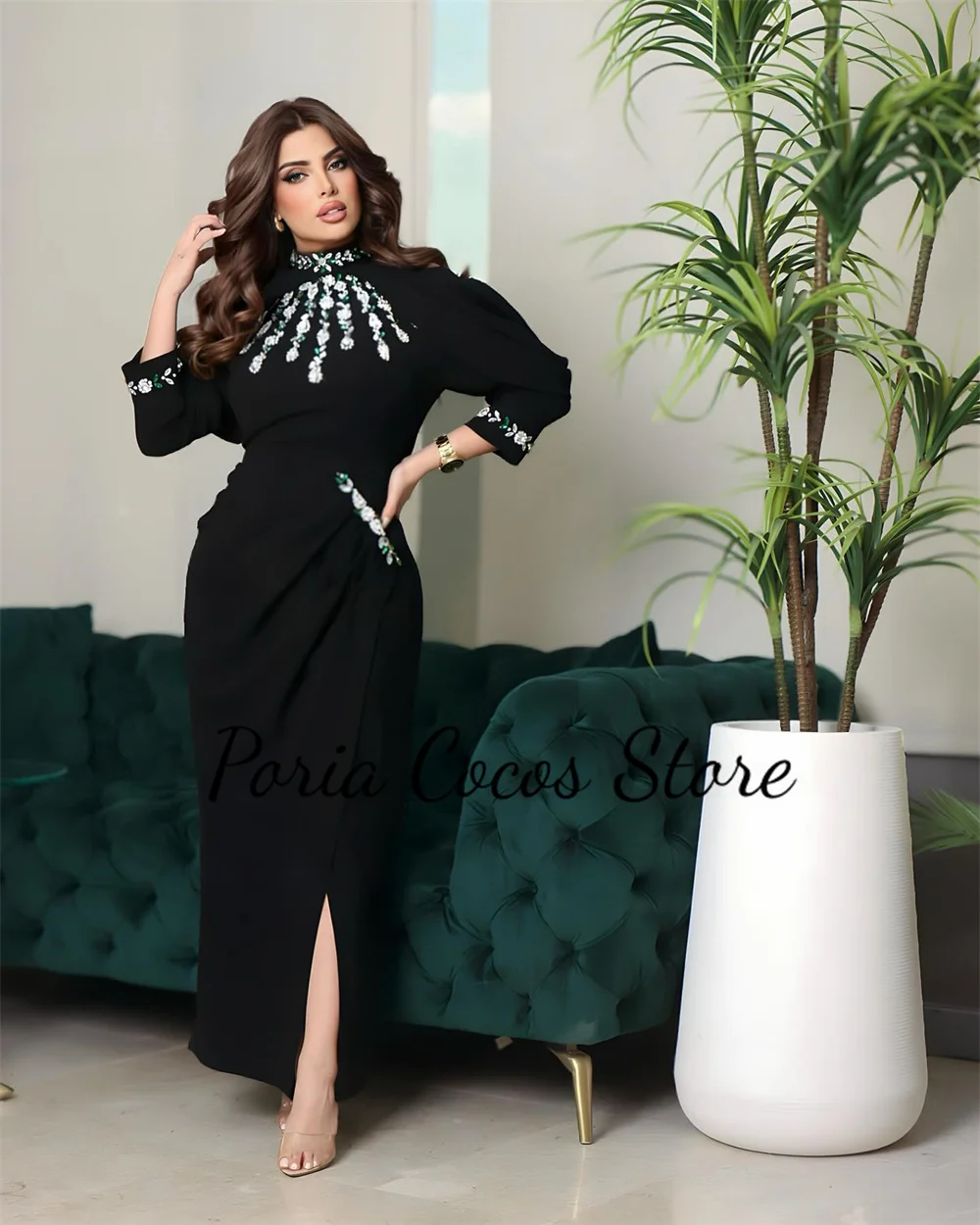 Customized Temperament Prom Gown Crystal High Collar Full Sleeves Party Dress Ankle-Length Side Slit Evening Dresses فساتين للحف