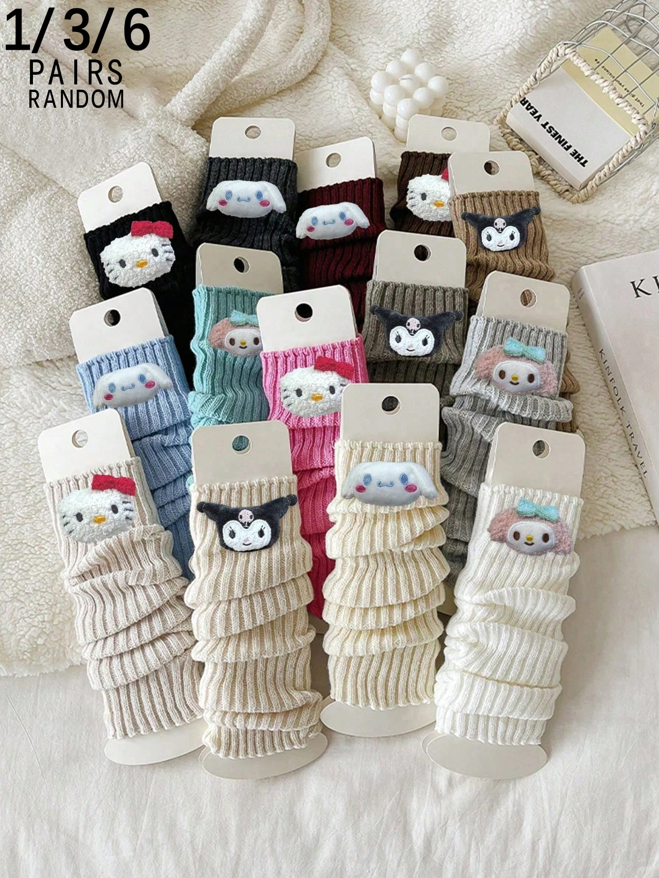 

1/3/6 Pairs random of sanrio Cartoon pattern Vertical Stripes Warm Fashion Autumn Winter Collection Women's Mid-Calf socks