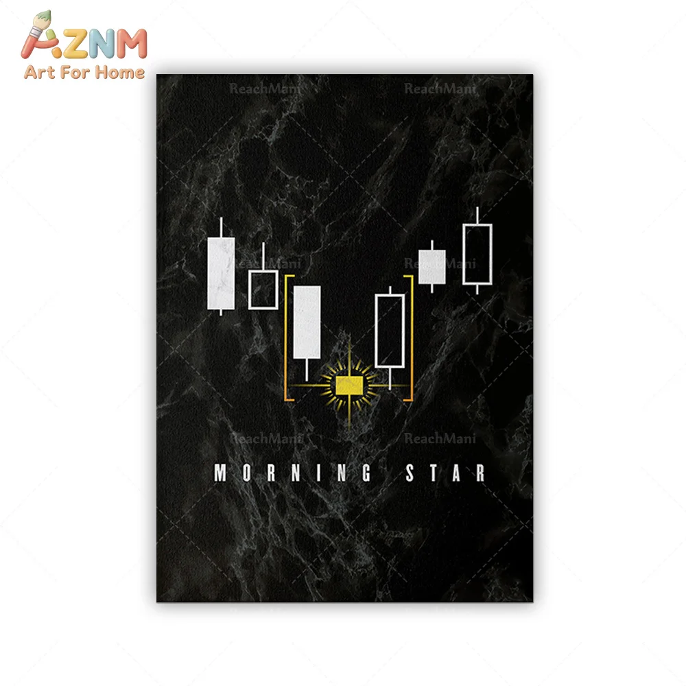 AZNM Morning Star Candlestick Canvas Wall Art Black Marble Background Stock Forex Trading Chart Print Unframed Canvas Trader Off