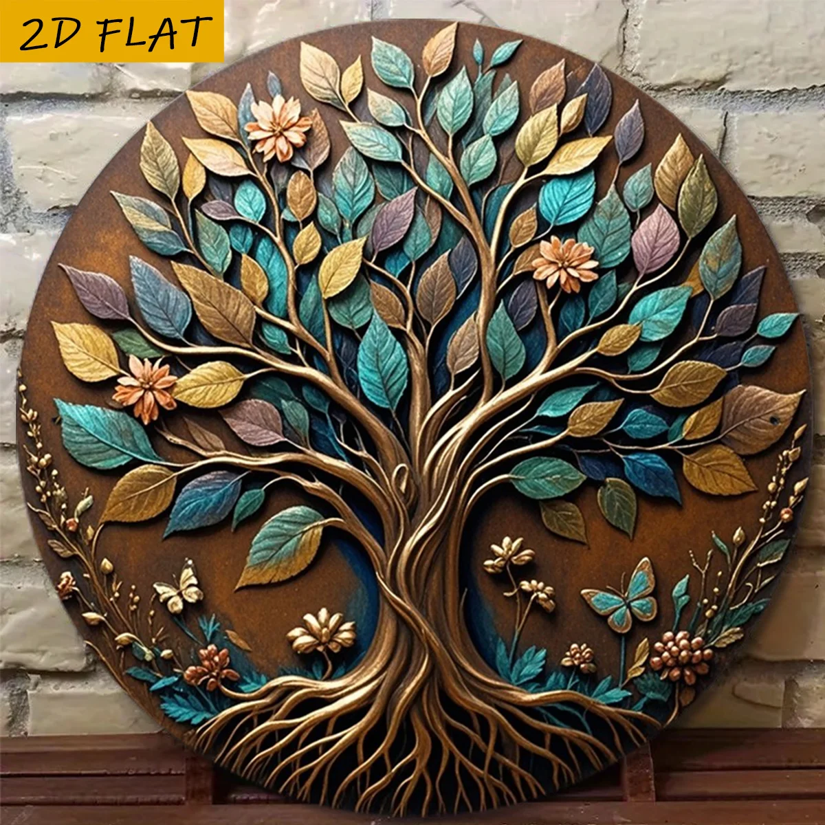 2D Flat, 2D Flat Design, 2D Flat Single Piece, Lush Tree of Life Vintage Aluminum Wall Art 8x8 Inches, 20x20cm — Unique Gift Ide