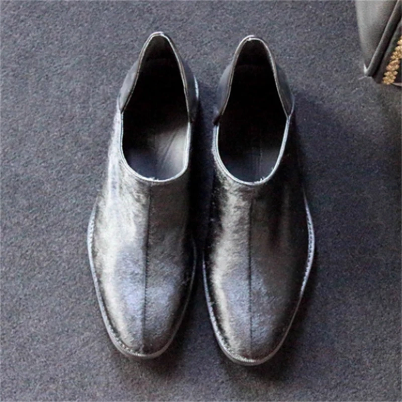 Black Horsehair Spliced Leather Slip-On Loafers Men Casual Shoes Retro Daily Walking Footwear