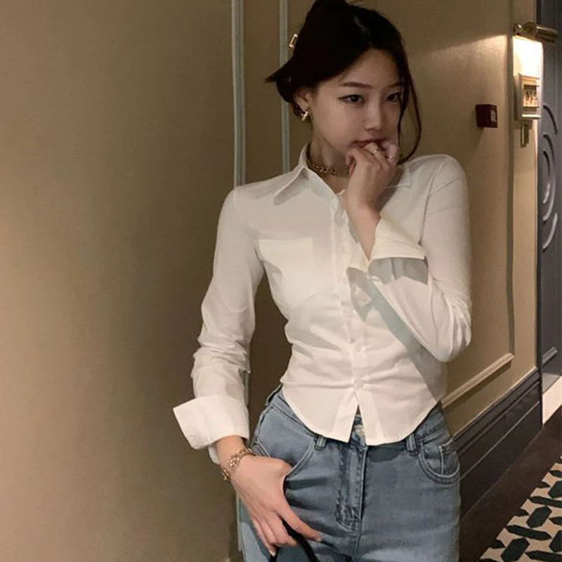 Rimocy 2024 Sexy Slim Fit White Shirt Women Korean Fashion Turn Down Collar Folds Crop Tops Woman Long Sleeve Y2K Blouse Female