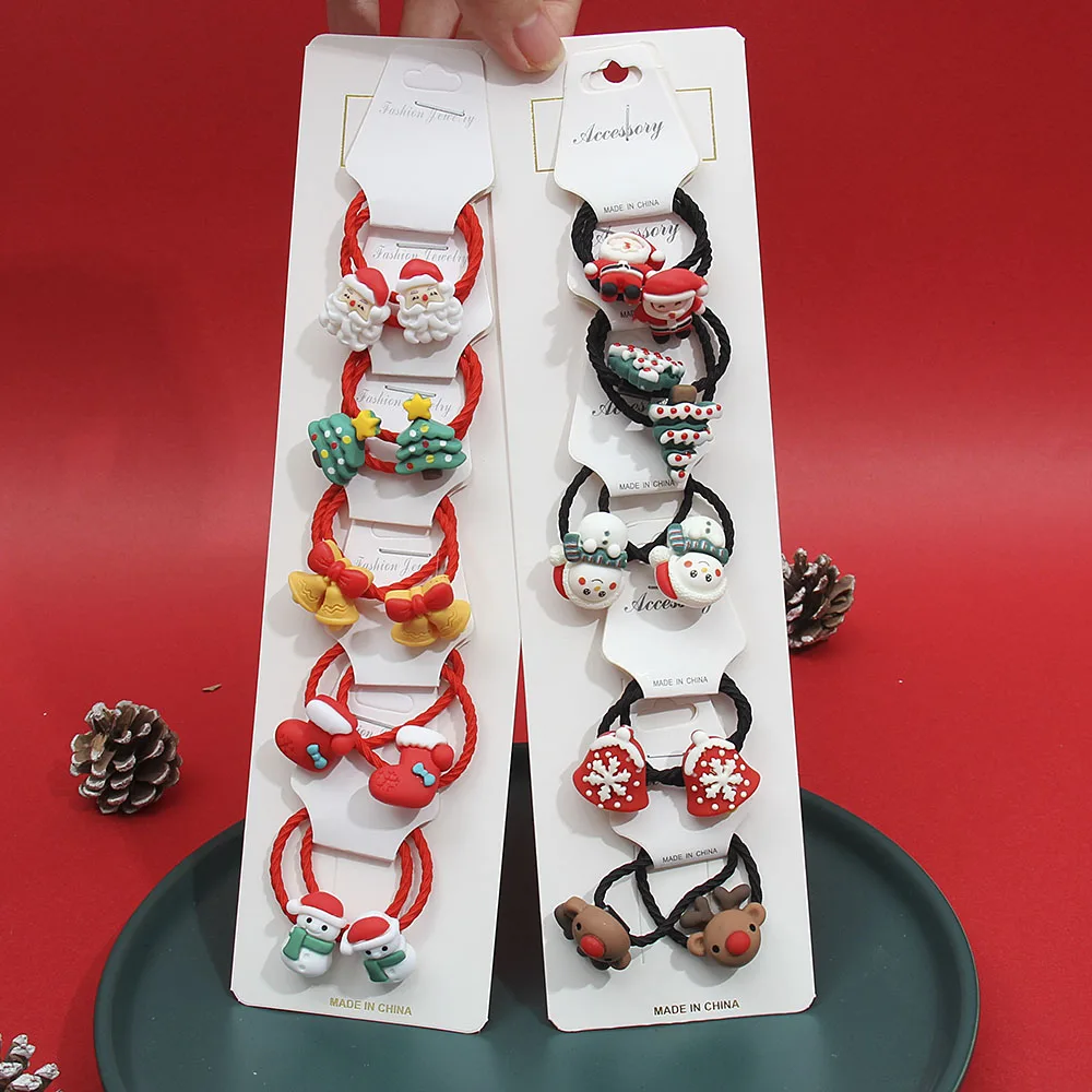 10Pcs/Set Girl Sweet Christmas Hair Ties Elastic Rubber Band Kids Cartoon Hair Band Santa Claus Scrunchies Hair Accessories Gift