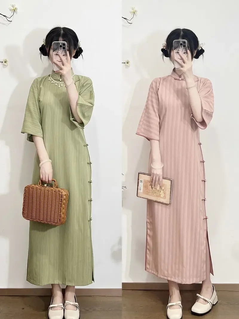 

Spring Green Pink Retro Inverted Large Sleeves Vintage Chinese Style Three-quarter Sleeve Cheongsam Young Elegant Long Dress