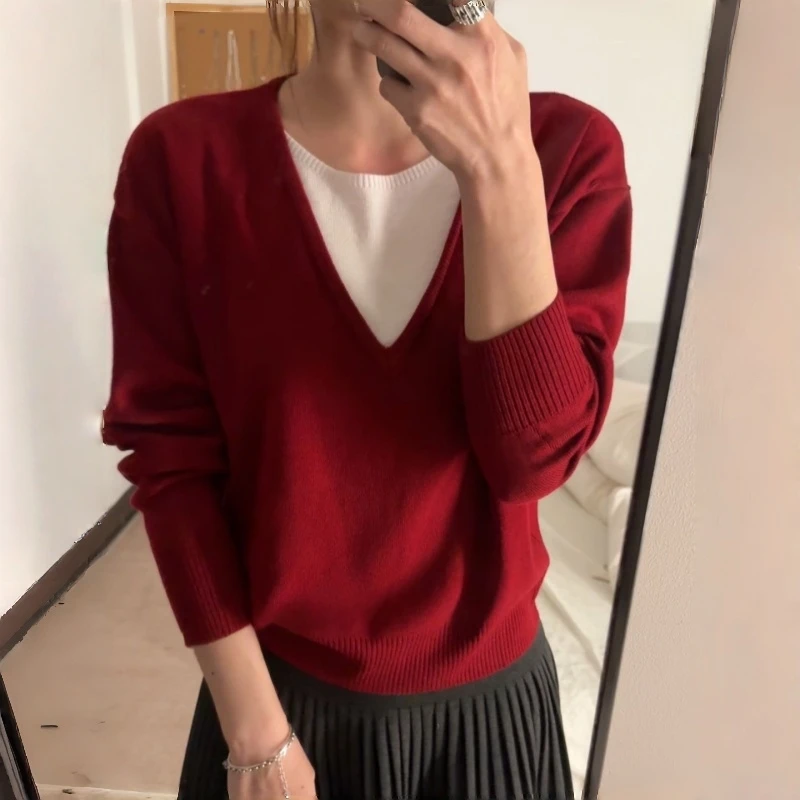 Y2K V Neck Sweater Women Fake Two Piece Long Sleeve Loose Knit Top Spring Autumn Soft Sticky