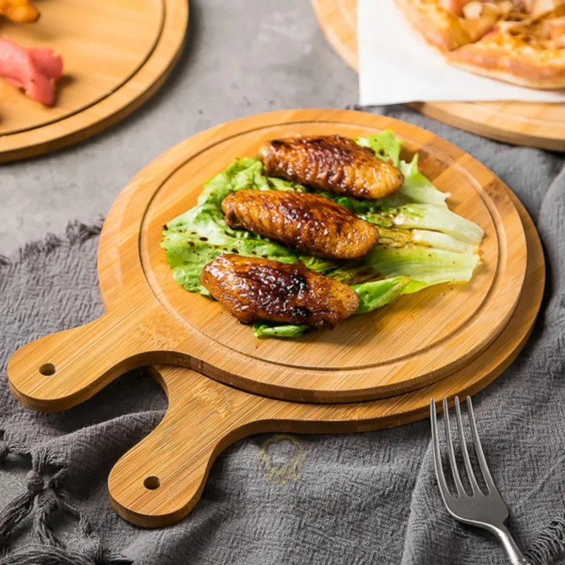 Tagliere per Pizza tagliere in bambù con manico pane tagliato per uso domestico frutta Base rotonda in legno vassoio per alimenti utensili da cucina