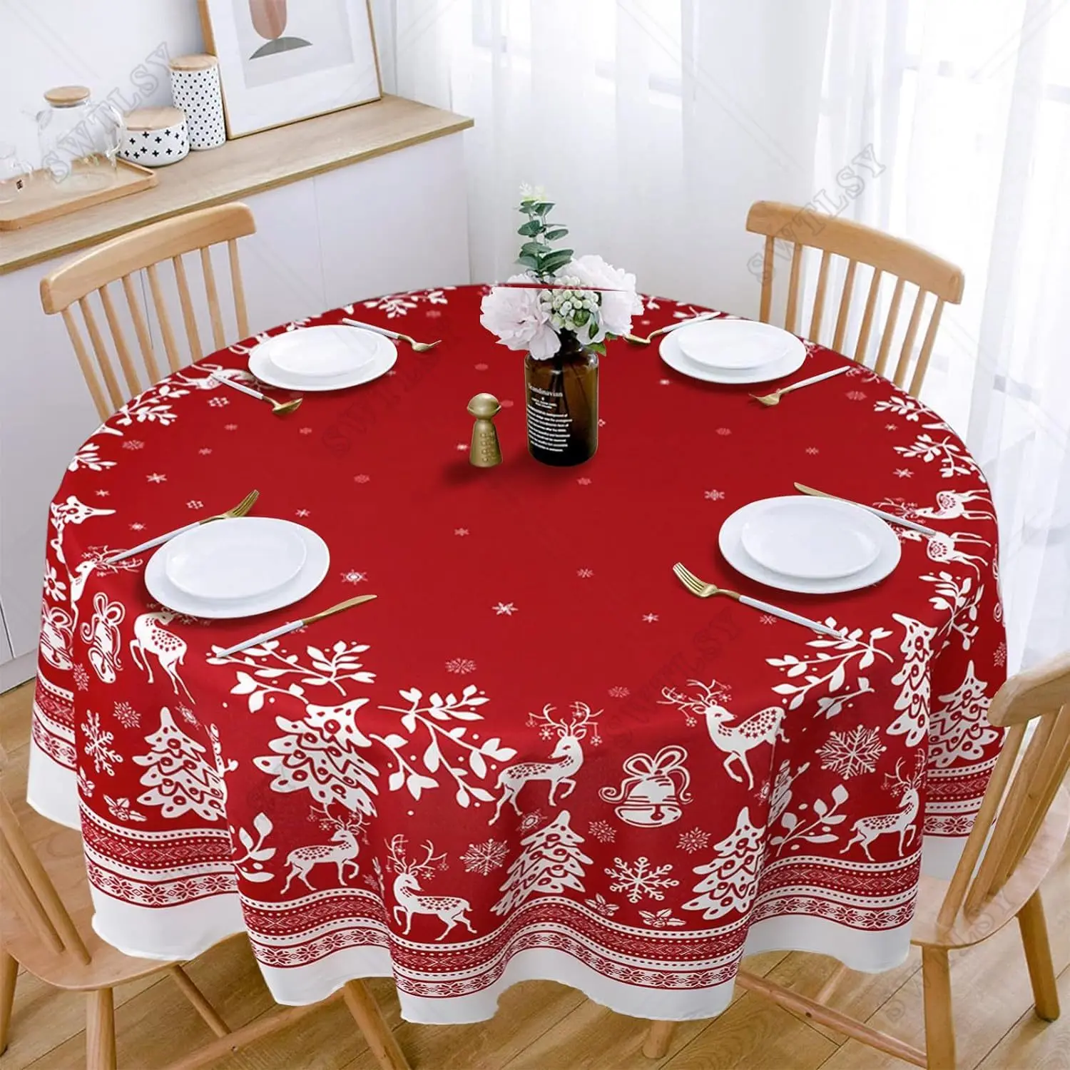مفرش مائدة مقاوم للماء لعيد الميلاد للمائدة المستديرة ، قماش طاولة زهور للعام الجديد ، 60 × 60 بوصة #4