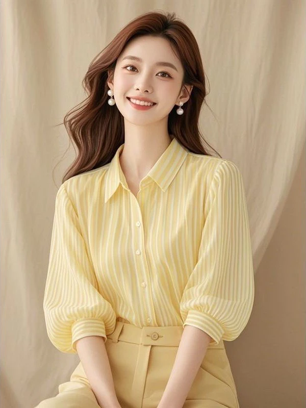 Elegant Collar Striped Shirt Women's Summer 2025 New Style Lantern Sleeve Commute Top Trendy Loose Fit Seven Sleeve