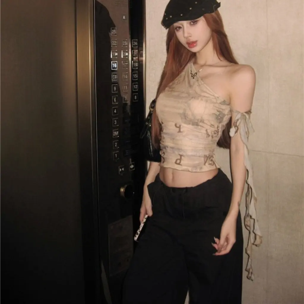 

Women's Summer Sleeveless Vest MR 40D Mesh American Spice Girls Graffiti Printed Slant Shoulder T-Shirt