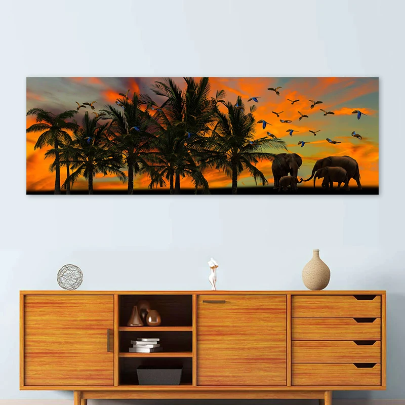 Elephant Palm Tree Painting Natural Landscape Posters Canvas Prints Wall Art Picture for Living Room Bedside Home Decoration