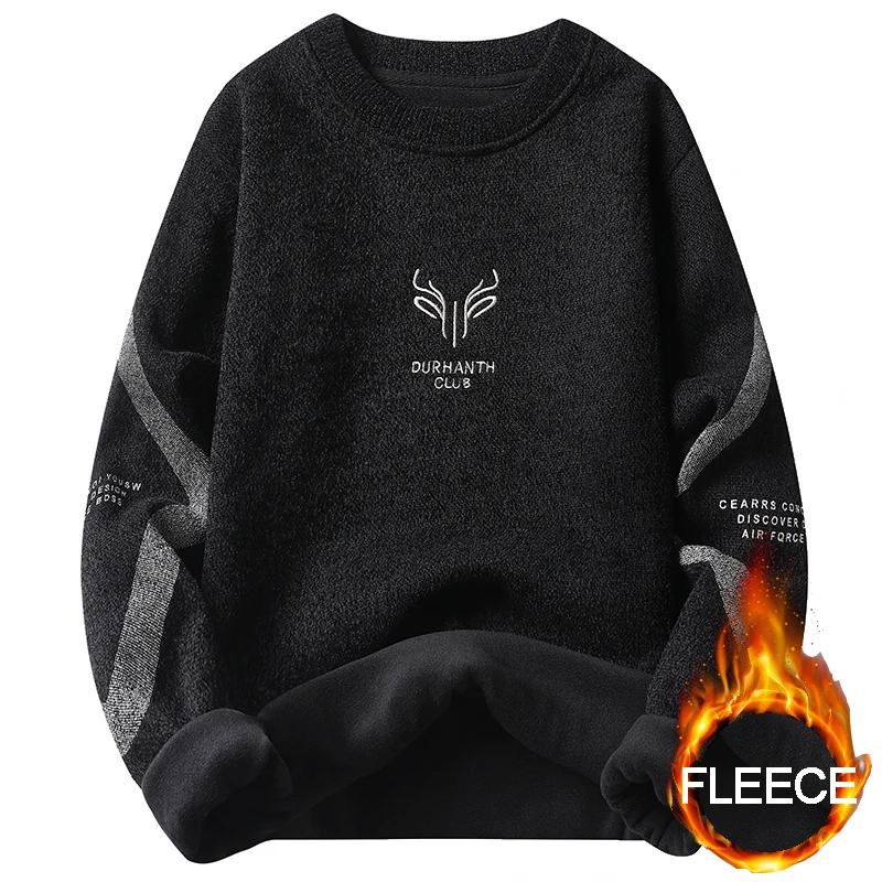 Men's Thick Fleece Sweater Embroidery Velvet Jumpers Fashion Elegant Luxury Brand Brown Knitted Sweater