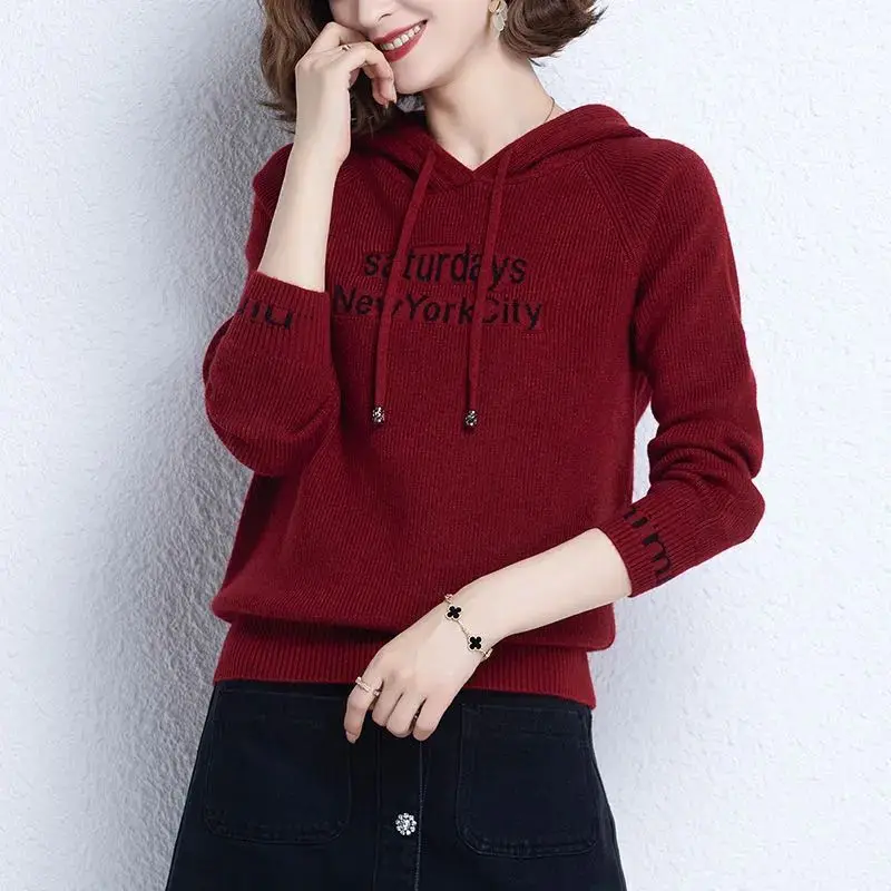 여성용 캐주얼 후드 스웻셔츠, 레터 드로스트링, 세련된 한국 루즈 니트, 단색 풀오버, 가을 겨울