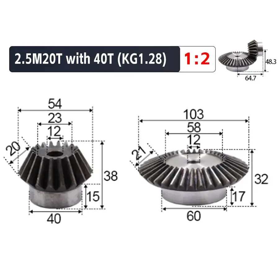 2pcs 1:2 Bevel Gear 2.5 Modulus 20Teeth +40Teeth Inner Hole 12mm 90 Degree Drive Commutation Steel Gears Steel Gears Screw M5