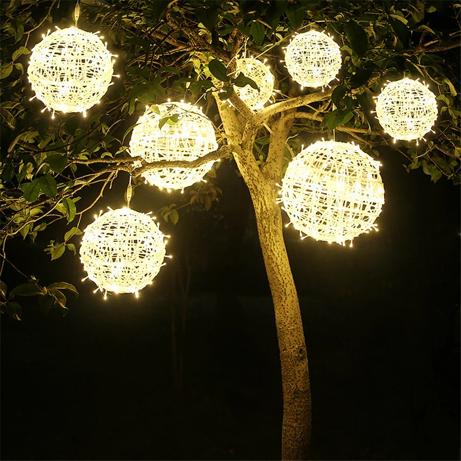 Guirnalda de bolas de ratán LED para Navidad, guirnalda de luces navideñas para exteriores, hadas para guirnalda de fiesta, boda, decoración del patio del hogar, 220V sin enchufe