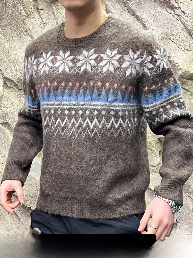 

Мужской вязаный свитер с геометрическим узором, круглый вырез, смесовая ткань, осень-зима, повседневный, комфортный, дышащий, с длинными рукавами