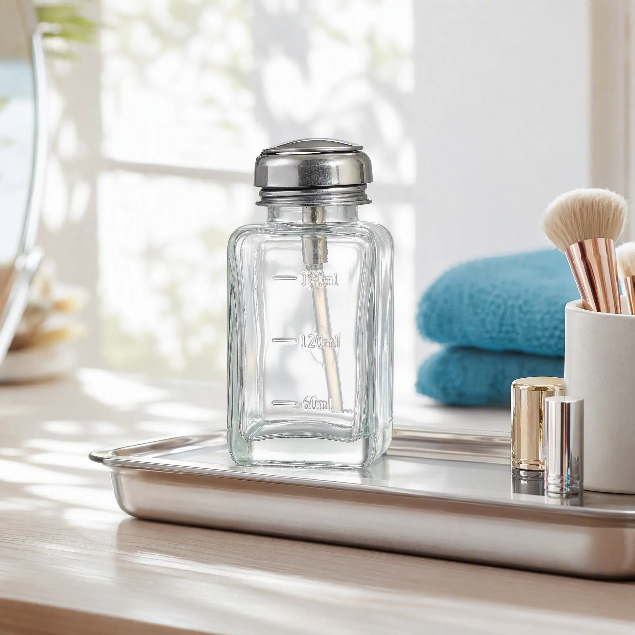Premium Clear Glass Pump Bottle Nail Polish Remover Dispenser Transparent Refillable Liquid Container Press Pump Design Leak