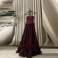 Thinyfull A-line 3D Flowes Arab Prom Dresses Strapless Sleeveless Organza Evening Gown Long Special Occasion Dress Customized