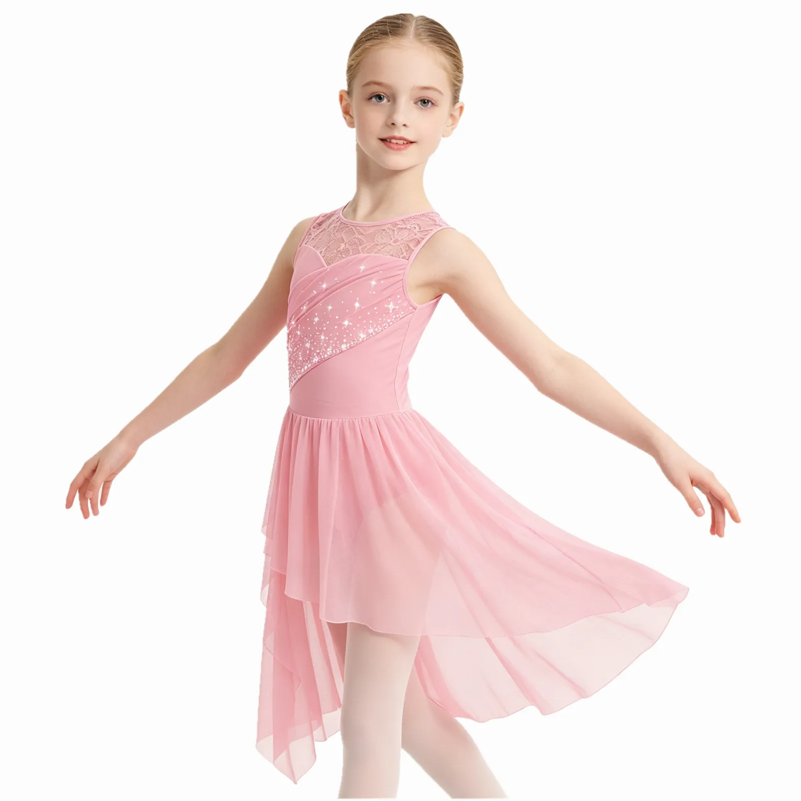 Kids Girls Sparkly Rhinestones Ballet Contemporary Dance Leotards Overlay Dress Ballet Jersey Lyrical Modern Dance Stage Costume