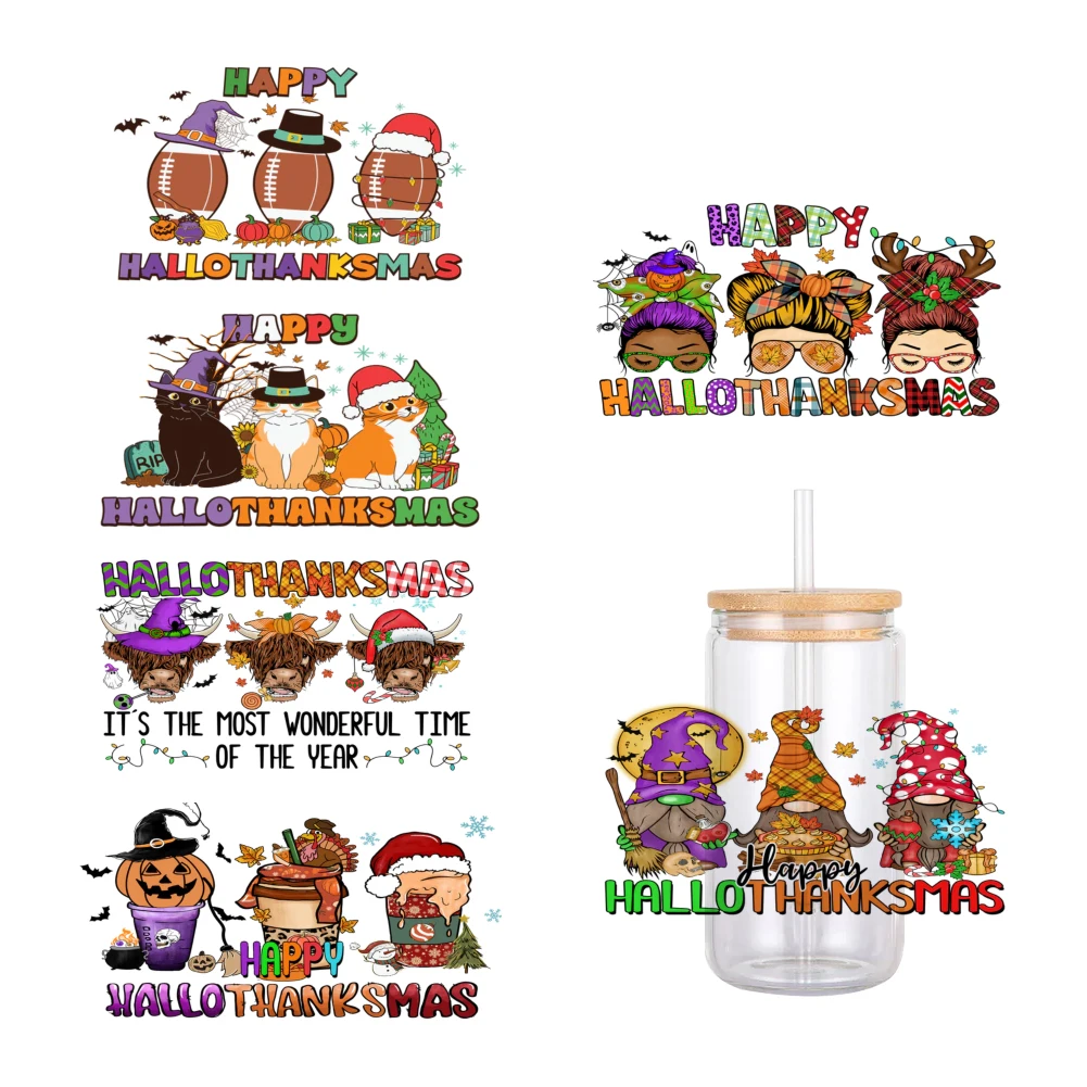 

11x24cm Hallothanksmas Designs For Libbey 16oz Can Glass 3D Waterproof UV DTF Coffee Can Wrap Libbey Glass Wrap