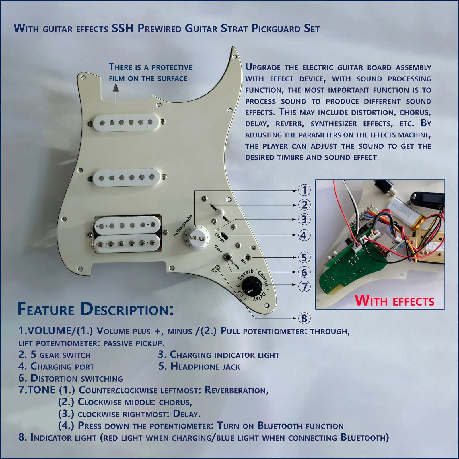 Prewired Guitar Pickguard Set with Built-In Effects, SSH Humbucker Pickups, Coil Splitting, and Bluetooth for ST Electric Guitar