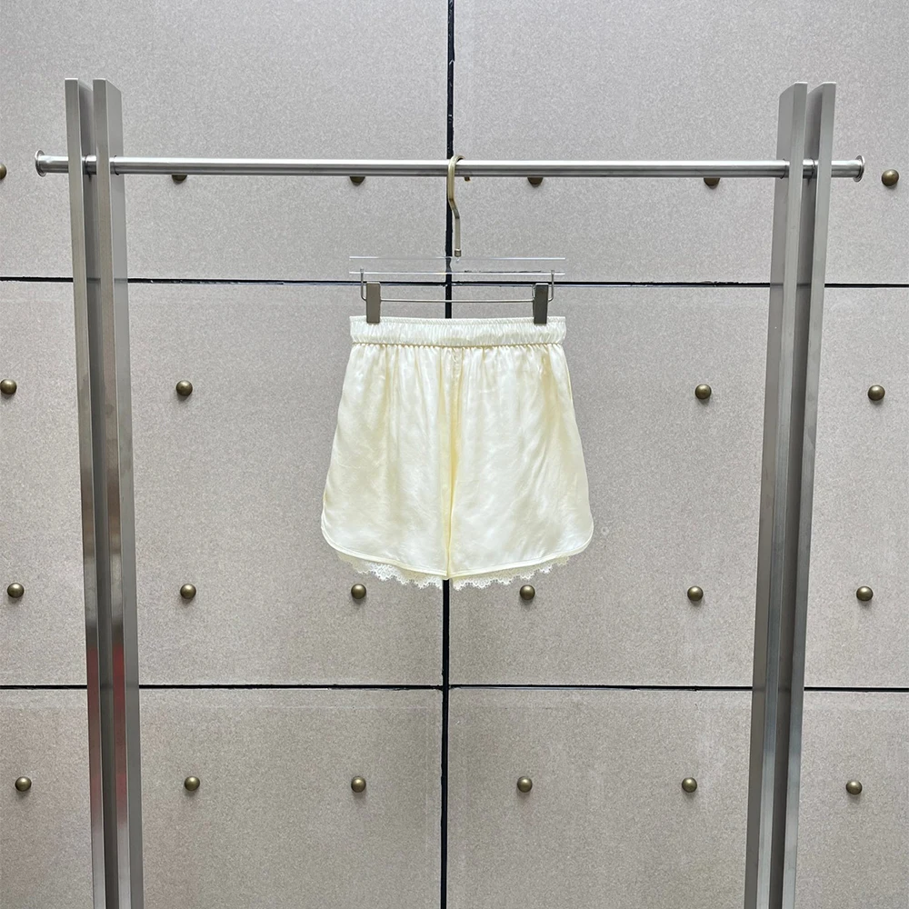 Ladies Satin Shorts Drawstring Waist Lace Trim Hem Casual Elegant Summer Daily Loungewear Streetwear Women Short Bottom Pants