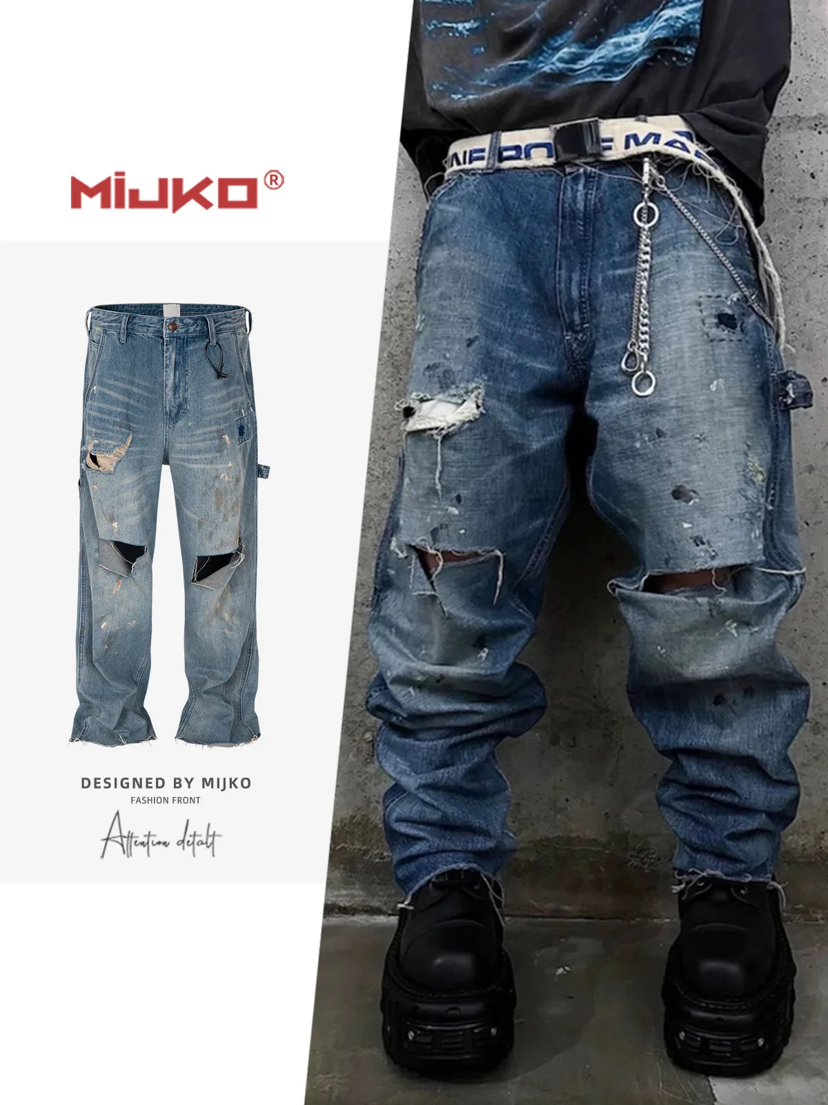 MIJKO Heavy Duty Jeans Knife-cut Patch Splatter Jeans ZJ060