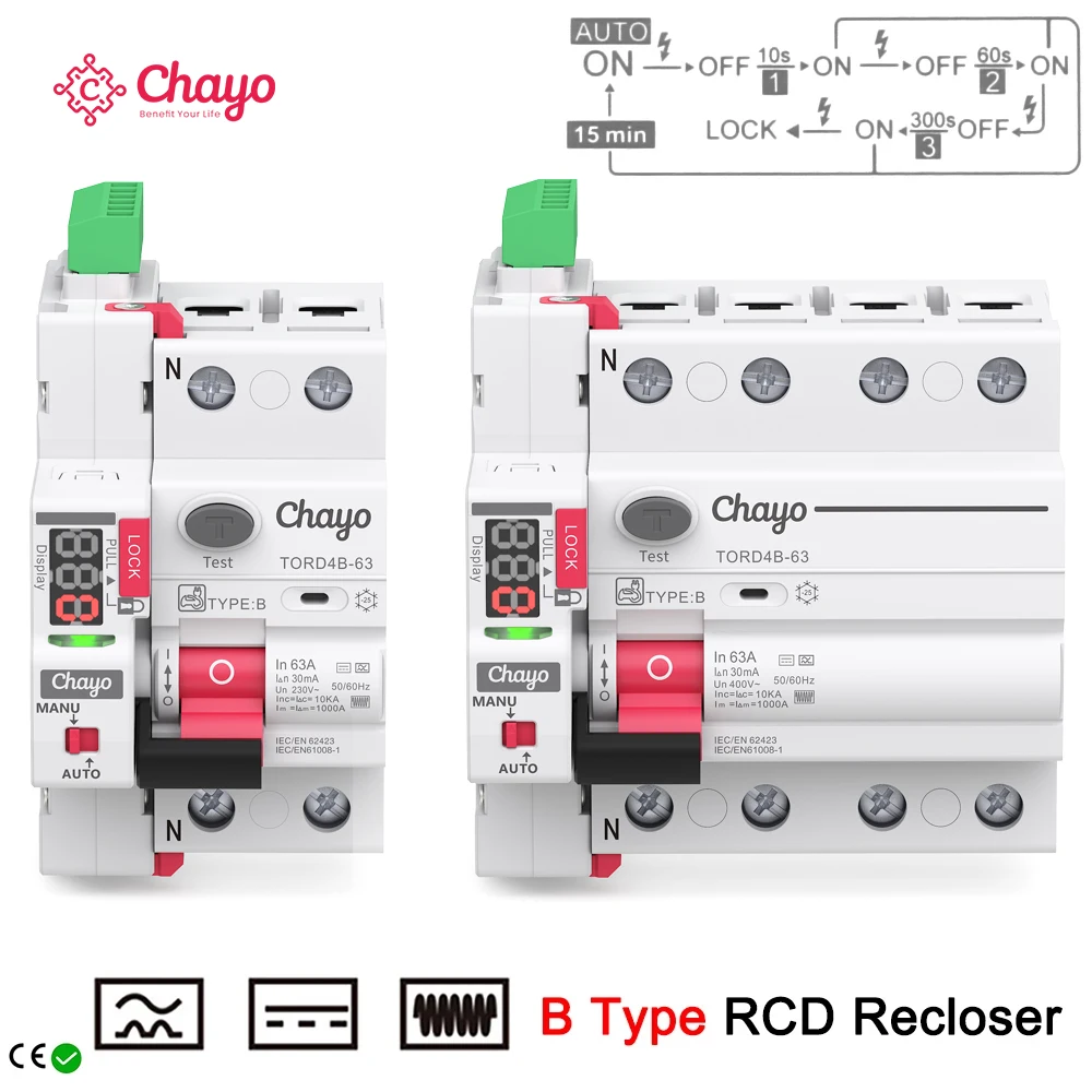 Chayo Type B 2P/4P RCD LED Auto Recloser Modular Circuit Breaker,6A-63A 30-300mA Earth Leakage Protection Safety Switch