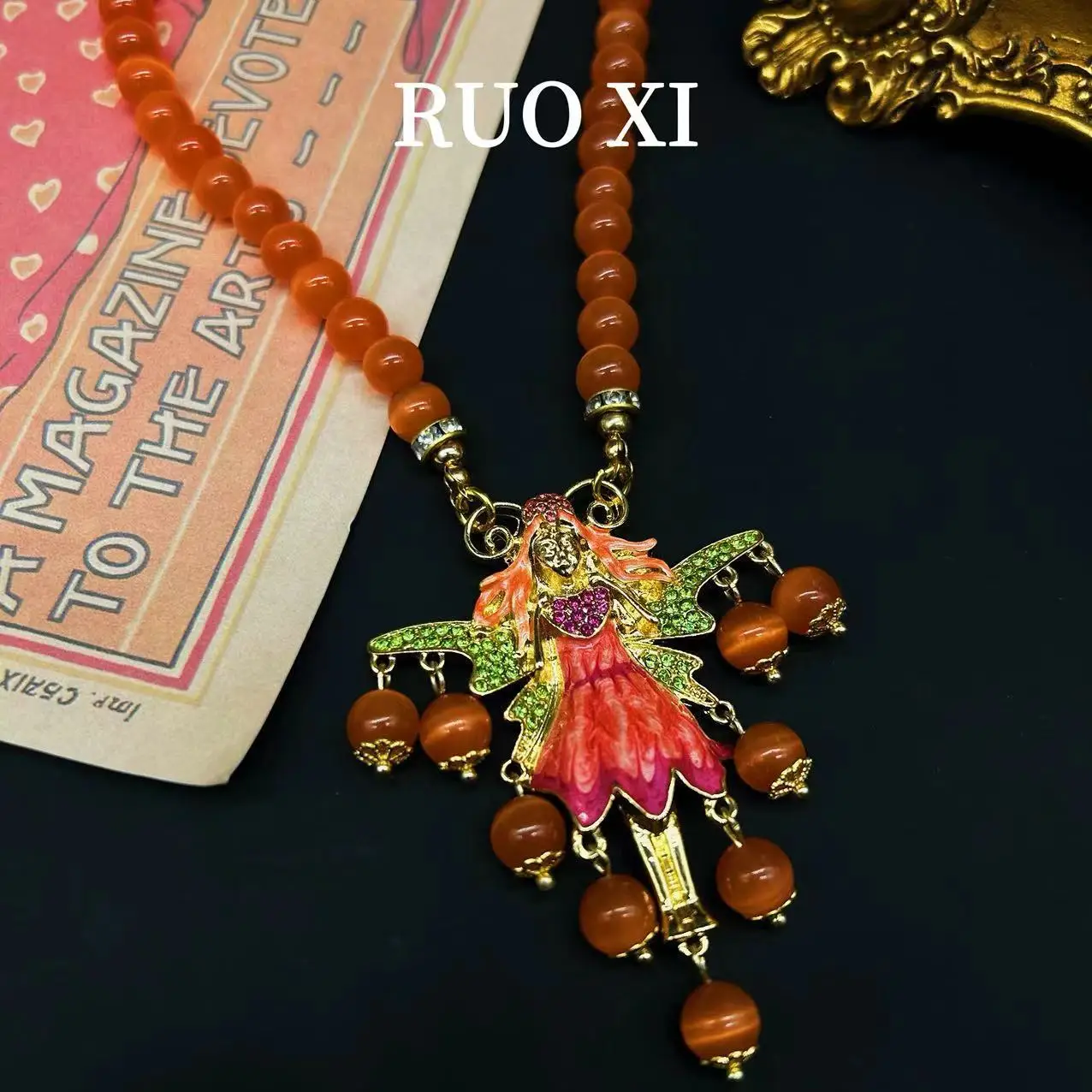 تشينغداو خمر الملاك شرابة Glze KF قزم حجر الراين البرتقال قلادة القرون الوسطى المتخصصة الأزياء قلادة للنساء #4