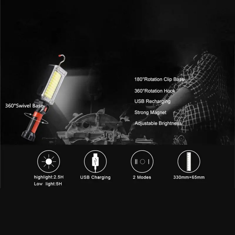 Rechargeable COB Work Light Portable LED Flashlight 18650 Adjustable 2Mode Waterproof Magnet Design Camping Lantern