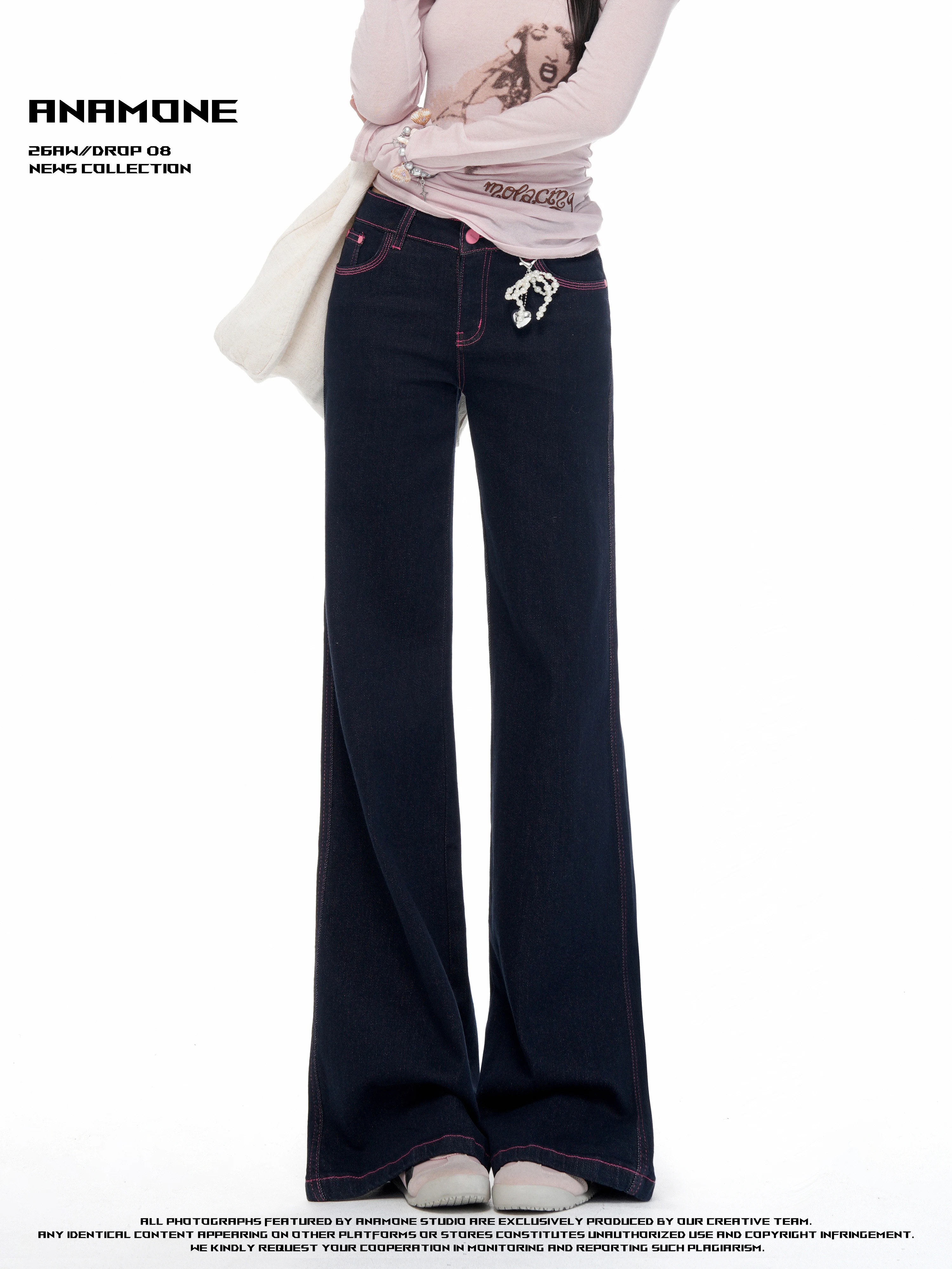 Low Waist Flared Denim Jeans Women's American Hot Girl Design Sense Single Tanning Original Cow Pink Stitching Casual Jeans
