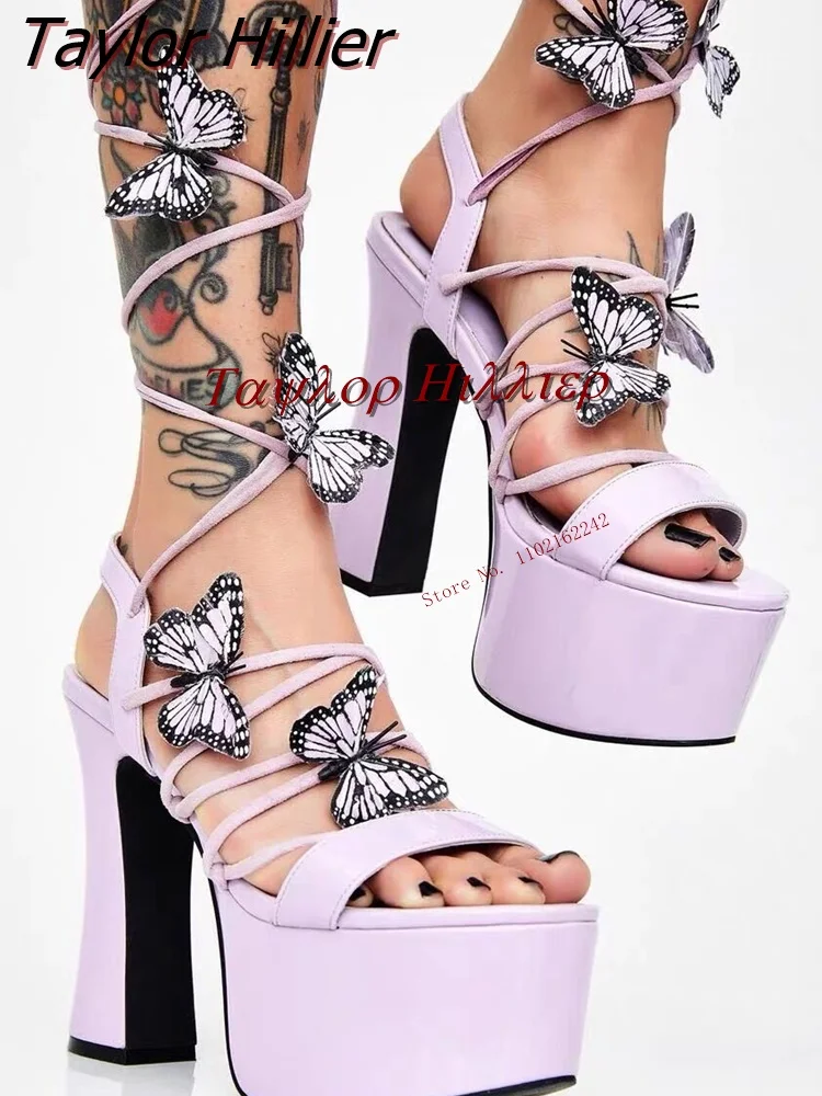 New Purple Butterfly Wrapped Thick Sole Sandals Open Toe Round Toe Thick Heels Women\'S Shoes Sexy Lace Up Track Shoes 45 Summer