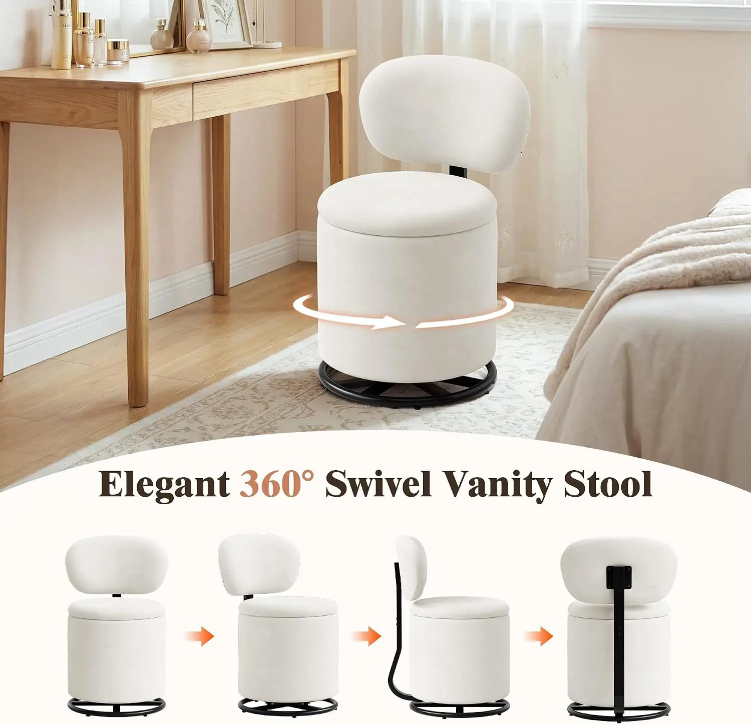 360° Swivel Velvet Vanity Chair with Ergonomic Backrest & Hidden Storage Compartment – Makeup Stool for Bedroom or Dressing Area view 6