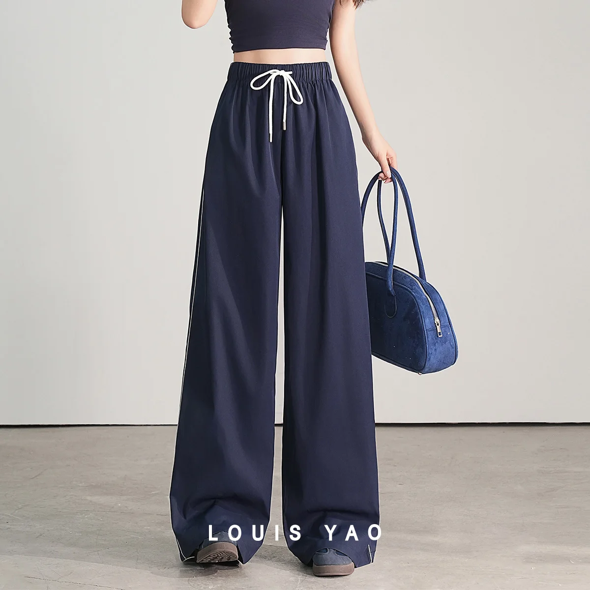 LOUIS YAO Lace Drawstring Straight Pants 2025 Summer Y2K Contrast Color Double Vertical Strips Foot Openings Women Casual Pants