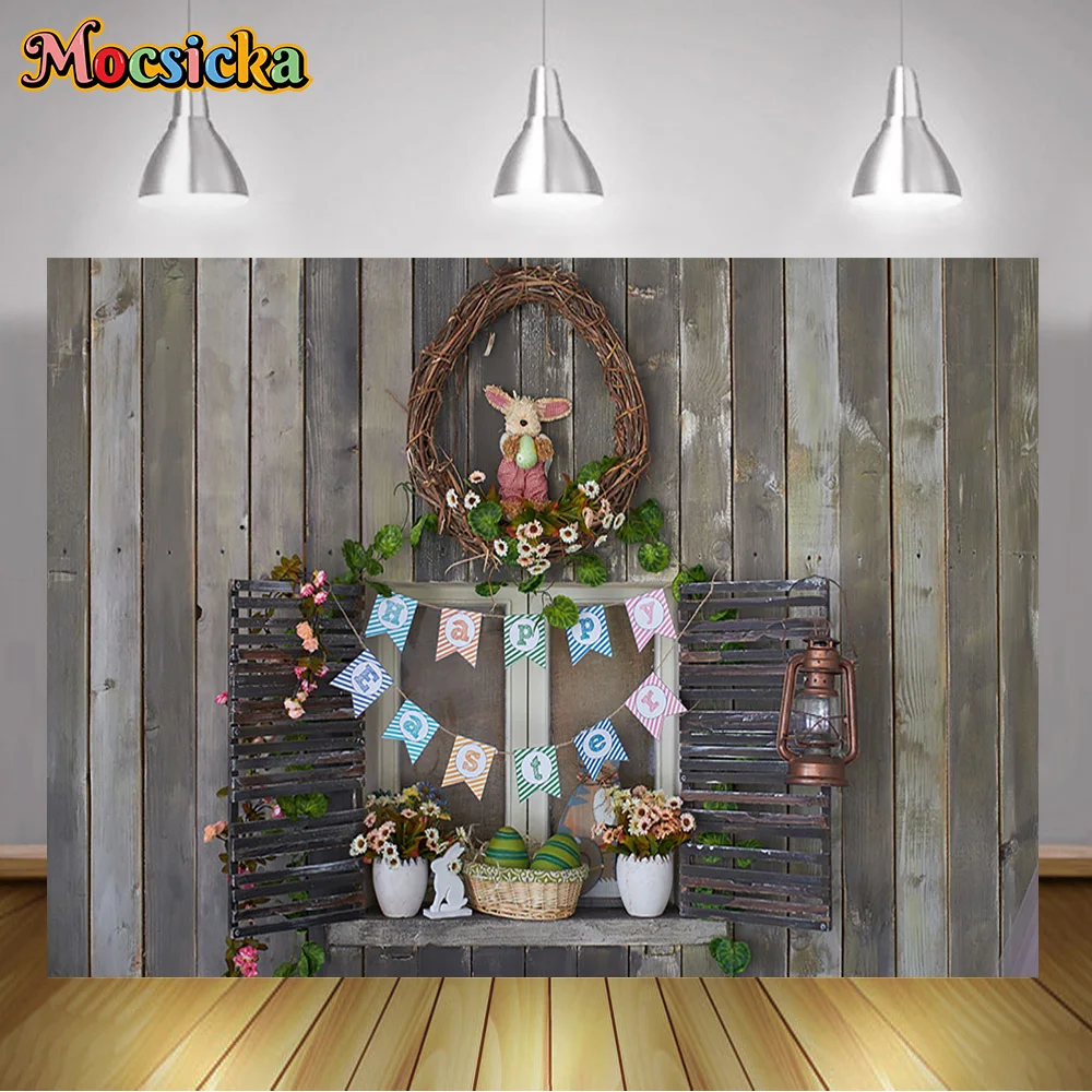 Mocsicka Easter Backgrounds Bunny Decoration Wooden Floor Backgrounds Baby Bathing Photography Backgrounds Portrait Photo Booth