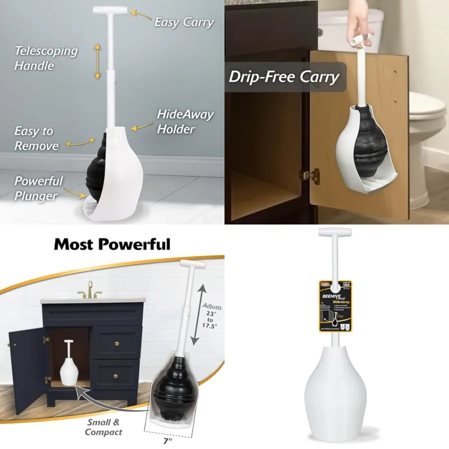 

Korky BeehiveMAX Hideaway - Heavy Duty Toilet Plunger with Holder - Drip Free Carry - Seals All Bowl Shapes Powerful Clog Remov