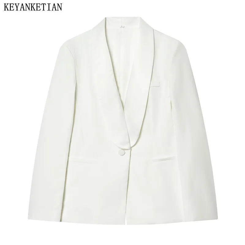 

KEYANKETIAN 2026 Spring New Simple style Women's White Suit Slim Office Lady Button Down Coat Turn Down Collar Crop Blazer