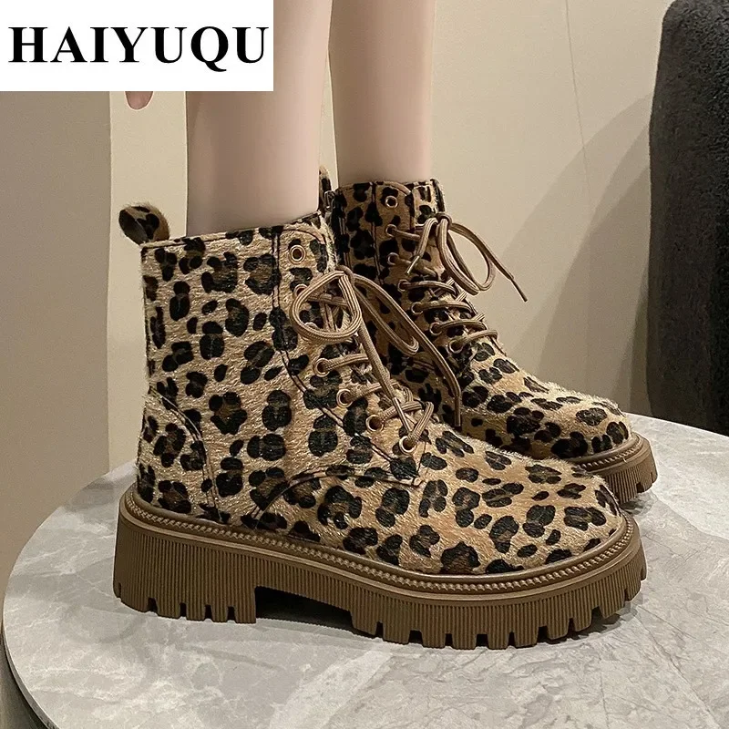 Botines con plataforma de leopardo para Mujer, zapatos de ante, Botas deportivas de nieve a la moda, zapatos informales con cremallera, invierno, 2025