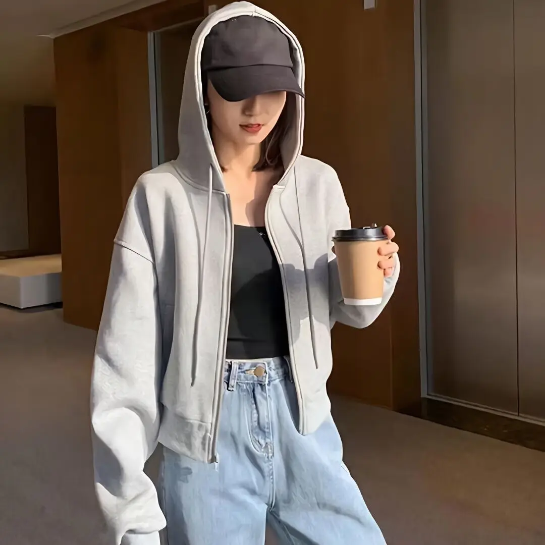 

Grey Hooded Short Sportswear Women's Cardigan 2024 Spring And Autumn New Korean Loose Casual Zippered Jacket
