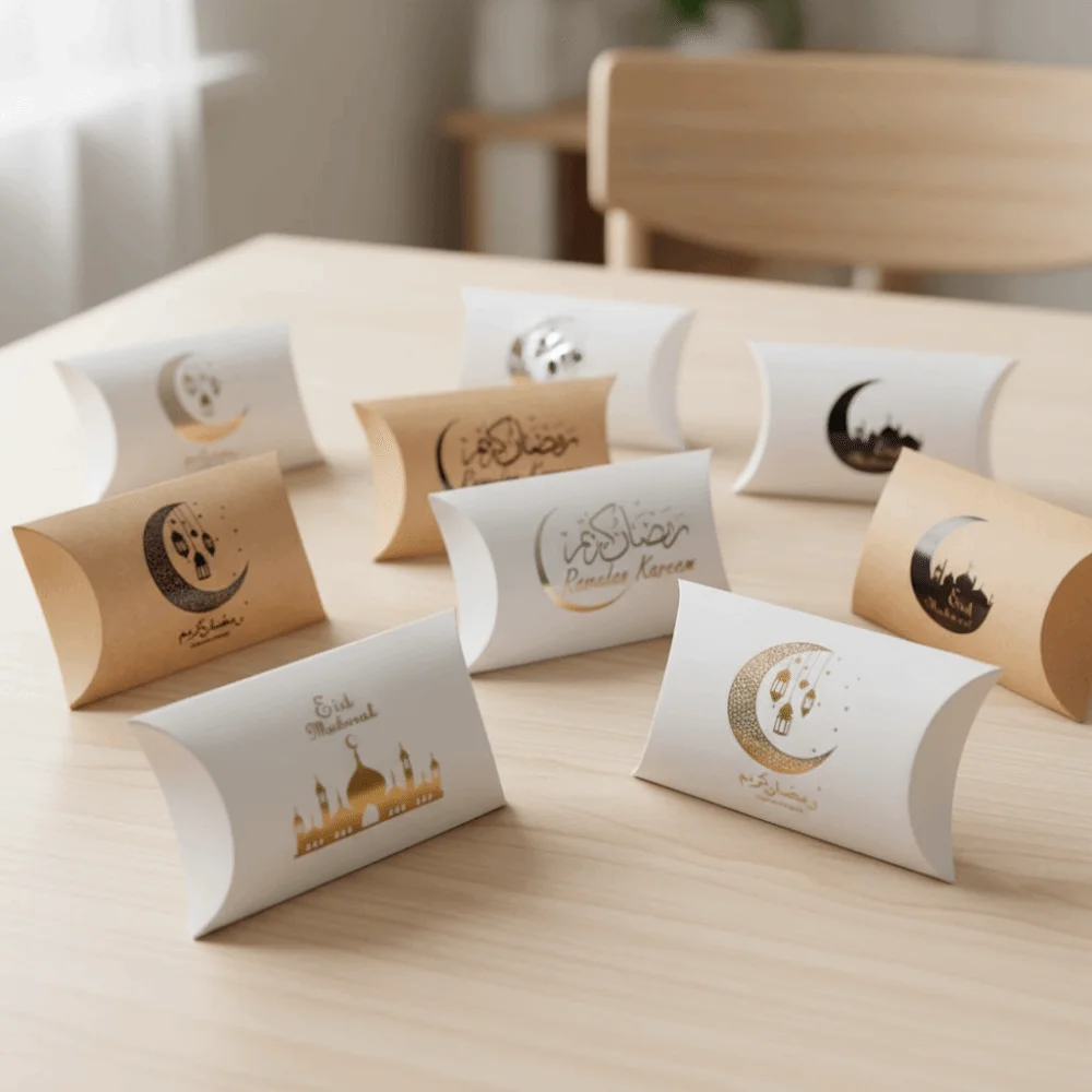 10Pcs Crescent Design Ramadan Gifts Packaging Moon Star Pattern Foldable Eid Candy Gift Boxes Pillow Shape Eid Mubarak