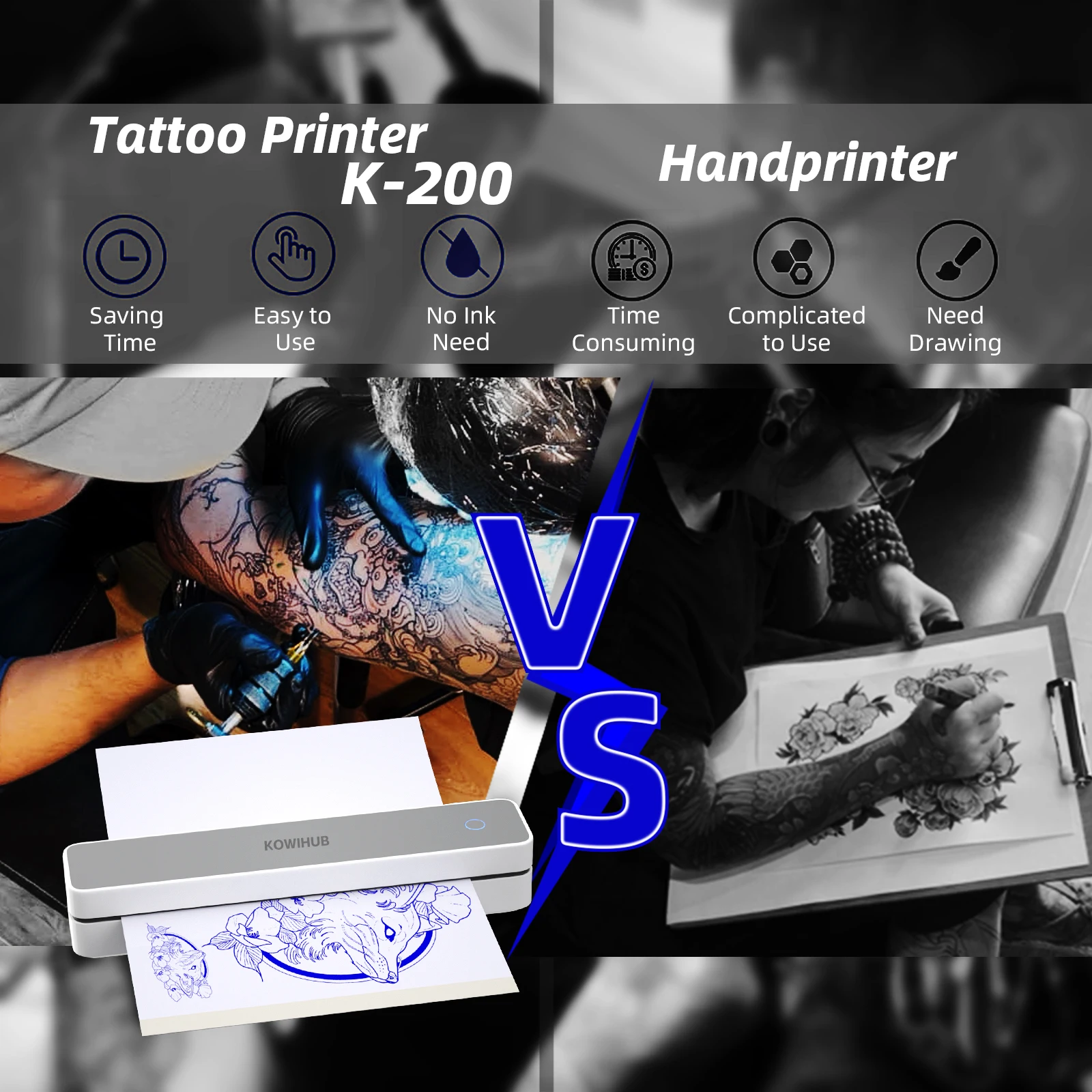 Tatuagem sem fio transferência impressora, K200, térmica, Bluetooth, móvel, papel, portátil, maior clareza