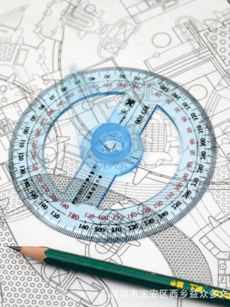 Regla de ángulo transportador circular con indicador de rotación de 360 °, regla de ángulo de dibujo de grabado de aguja