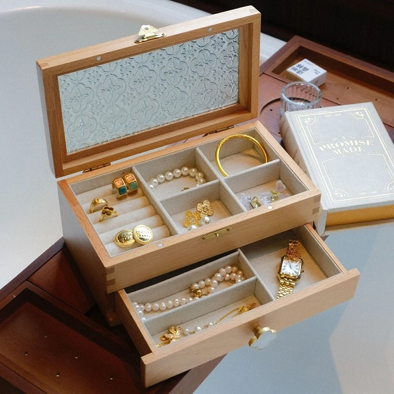 

Wooden Double Layer Jewelry Box Large Capacity Bracelets Necklace Storage Boxes Ring Earrings Display Case Jeweler Trinket Cases