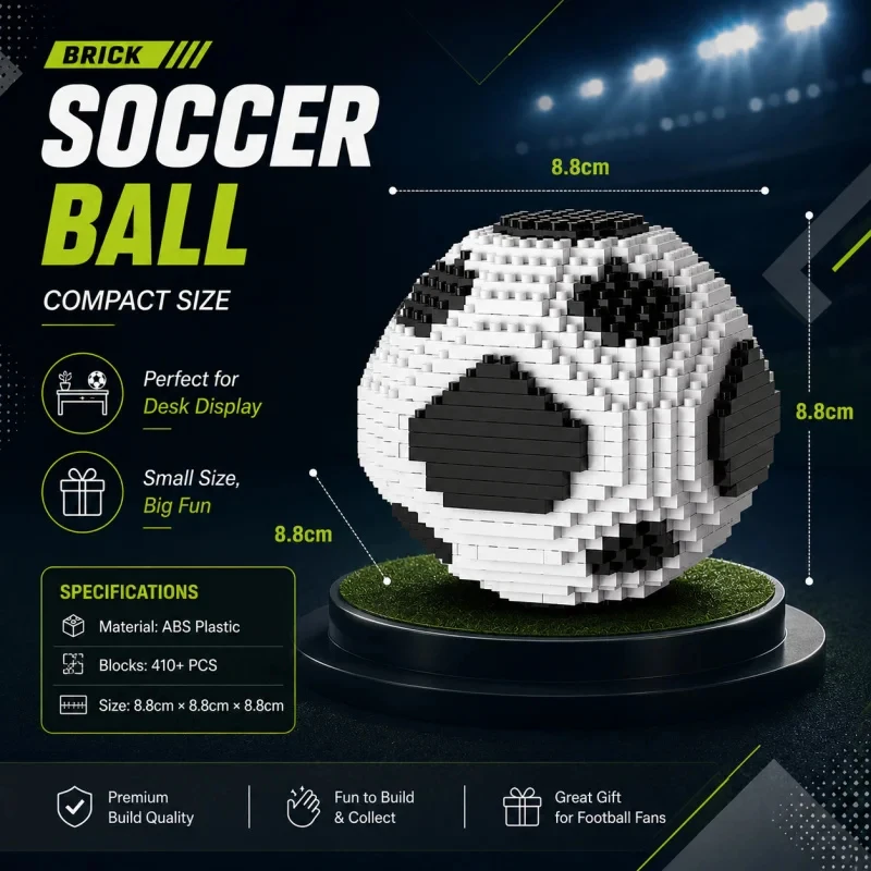 Mini Soccer Ball Building Block Set, 8.8cm Football Brick Model DIY Desktop Display Toy, Creative Gift for Kids and Soccer Fans