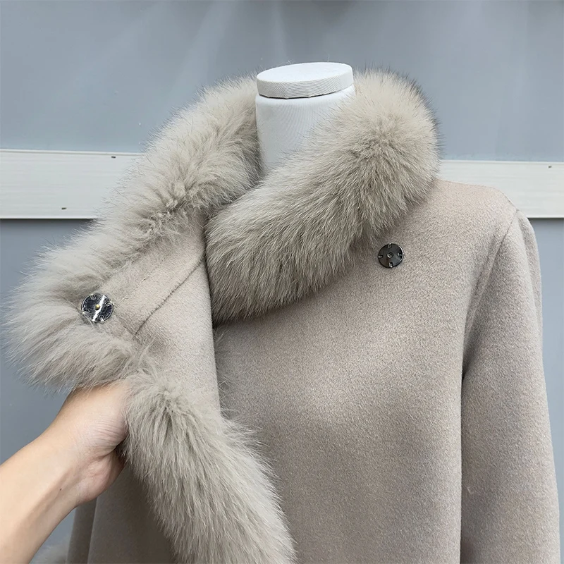 2023 Fashion Natural Winter Fur Coat Real Fox Fur Collar Cashmere Wool Woolen Women Jacket Luxury Outwear New Ladies Female Coat