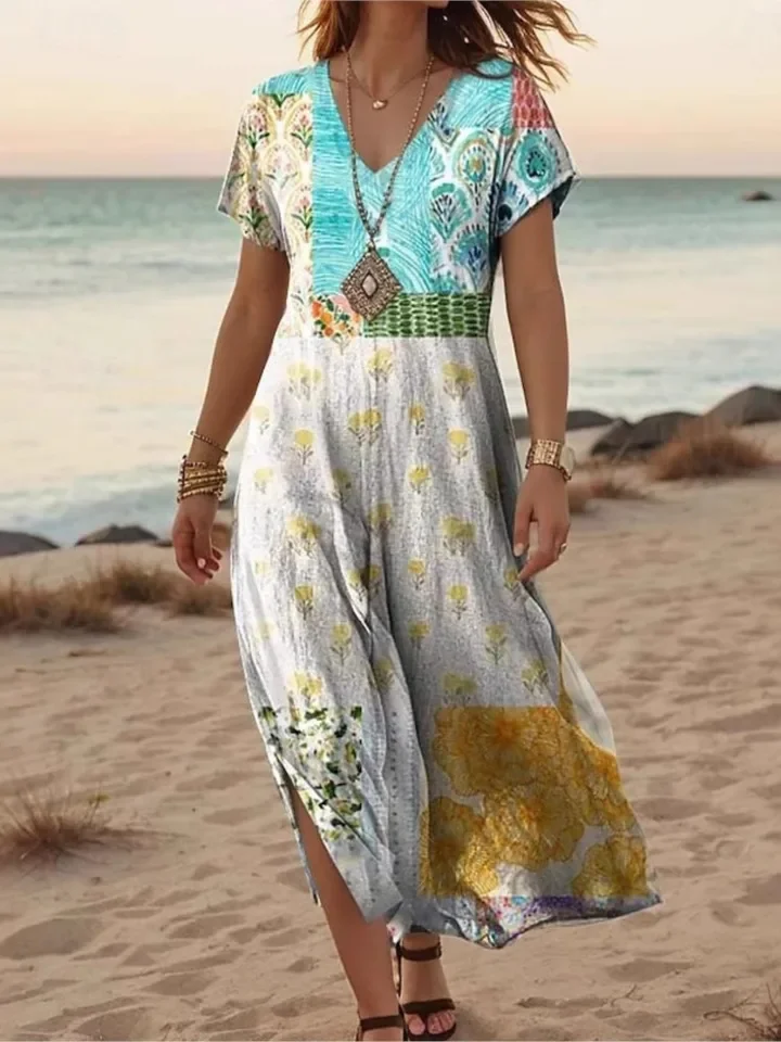 Mode Druck Kleid Dame Casual V-ausschnitt Kurzarm Lose Kleider Für Frauen Boho Urlaub Strand Rock Robe Femme Sommer Kleidung
