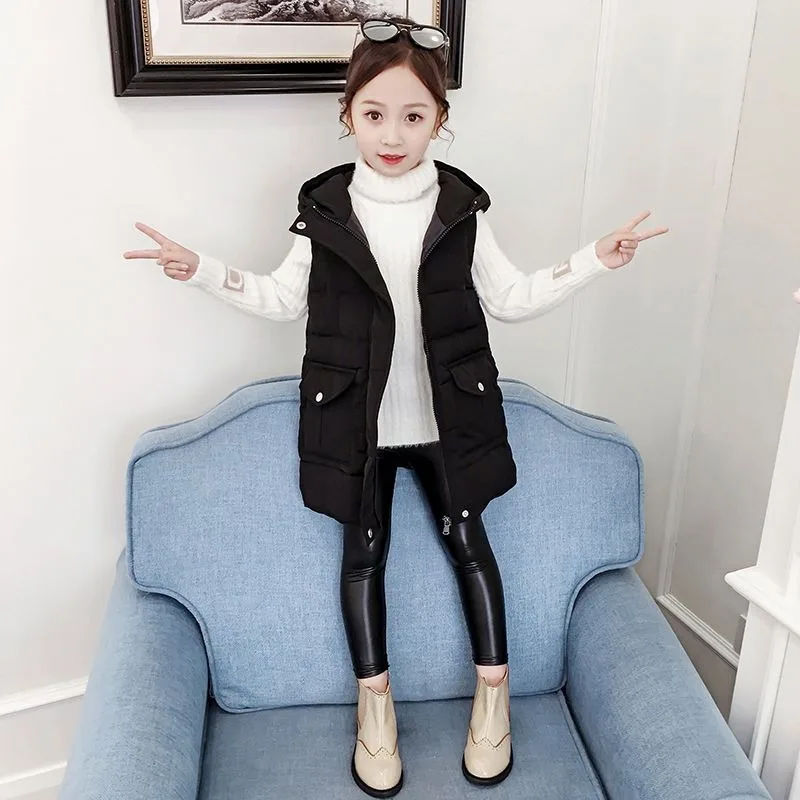 

Kids 8-12 Thermal Insulated Cotton Vest Cape Korean Style Winter Thermal Jacket for Girls Thickened Warm Layered Cape with Hood