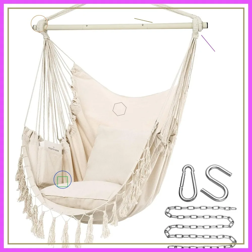 

Большое подвесное кресло в стиле макраме с 2 подушками, вместимость макс. 500 фунтов, включает комплект оборудования и боковой карман для комфорта.