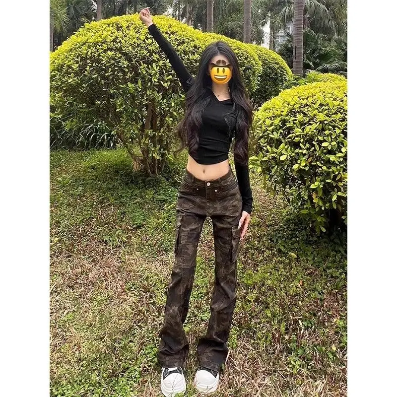 

American Retro Washed Camouflage Workwear Jeans Women's Hip Hop Multi Pocket Design Straight Leg Slimming Flared Pants