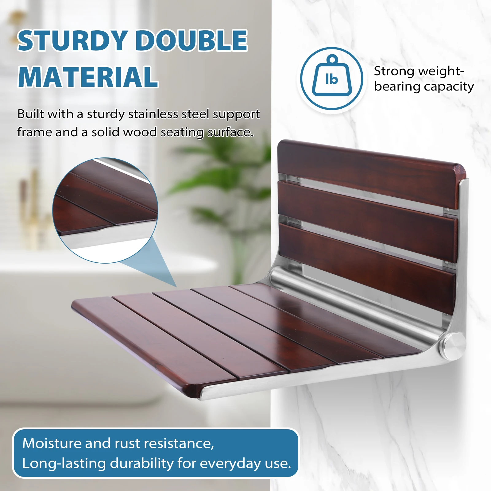 

18 Inch Wood Folding Shower Seat Wall Mounted Foldable Shower Chair Shower Stool for Inside Shower